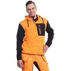 Strikket fleecejakke i orange og sort, komfortabel og stilren til alle lejligheder.