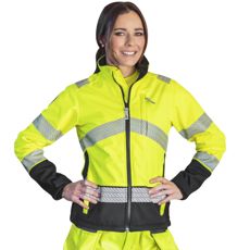 Kvinders softshell jakke Danica i gul og sort, beskytter ved arbejde.