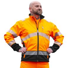Orange og sort softshell jakke til sikkerhed og stil ved arbejde.