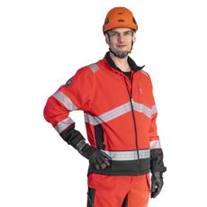 Rød og sort softshell jakke, perfekt til sikkerhed og stil ved arbejde.