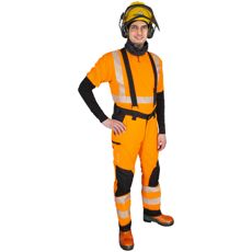 Sikre savbeskyttelsesbukser En381 Kl1 i orange/sort farve til optimalt beskyttelse.