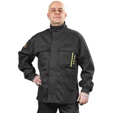 Flammehæmmende arbejdsjakke i gråt, ideel til sikkerhedsarbejde.