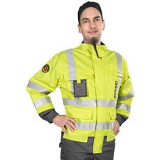 Flammensikker jakke i gul og grå, klasse 3, ideel for sikkerhed og synlighed.