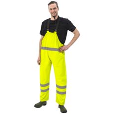 Varselregnbukser med seler i gul farve, ideelle for høj synlighed og sikkerhed.