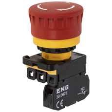 Nødstopknap, væsentlig for sikkerhed på arbejdspladsen.