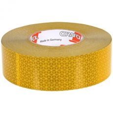 Reflekterende gul mærkebånd til sikkerhed inden for byggeri og landbrug, mål 50mm.