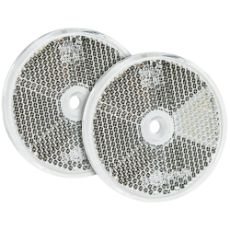 Hvid rund refleks med monteringshul, 61 mm, 2-pak, for nem installation.