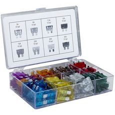 Pladesikringer i sortiment, 120 stk, til omfattende anvendelse.