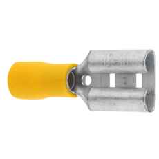 Fladstikskobling hun 9,5 mm gul, leveres i pakke med 100 stykker.