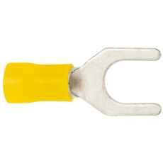 Gul gaffelkabelsko 6mm i pakke med 100, perfekt til elektriske forbindelser.