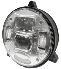 Rund LED-forlygte, 132mm, 3-punkts beslag i krom.
