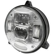 Rund LED-forlygte, 132mm, 3-punkts beslag i krom.