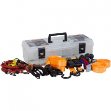 Komplet spændebåndssæt med 16 dele til forskellige lastebehov og sikringer.